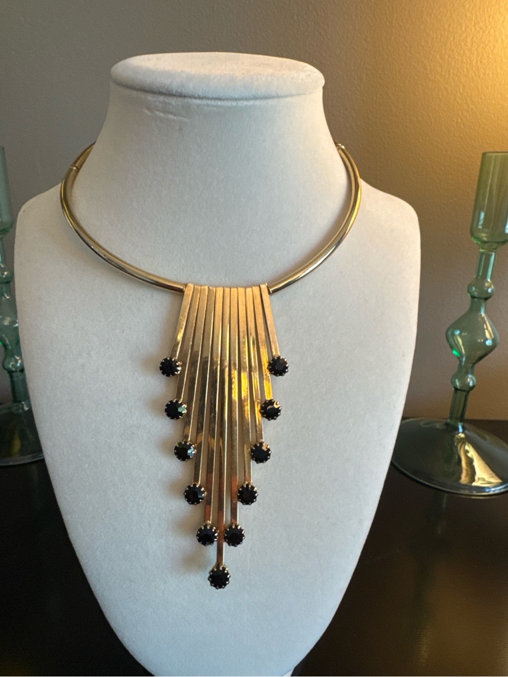 Art Deco Revival Gold Tone Collar Necklace Black Rhinestone Fringe Statement - Picture 2 of 9